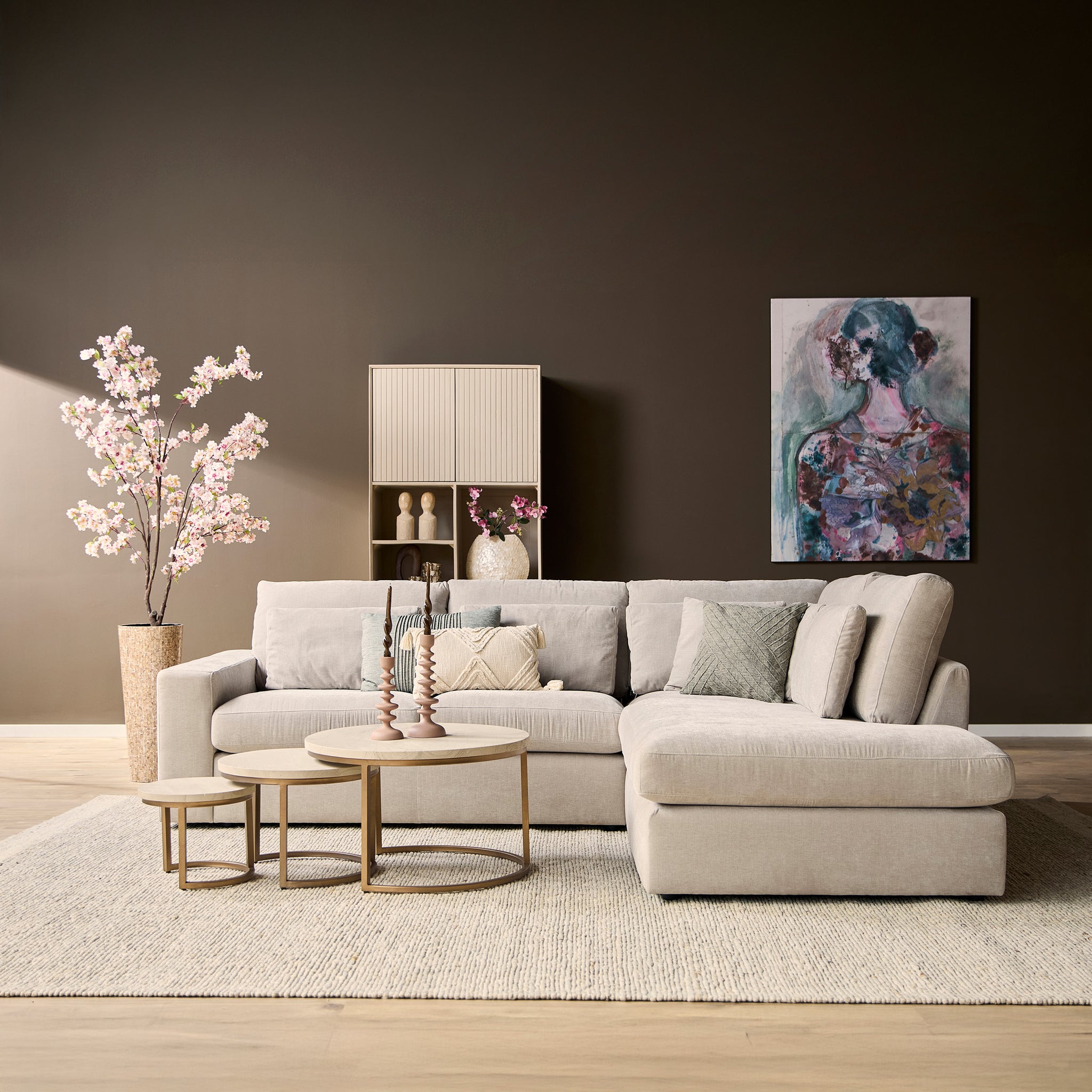 Ecksofa Jazz MeinLieblingsplatz – 2,5-Sitzer und Ottomane rechts in Beige, inkl. Kissen