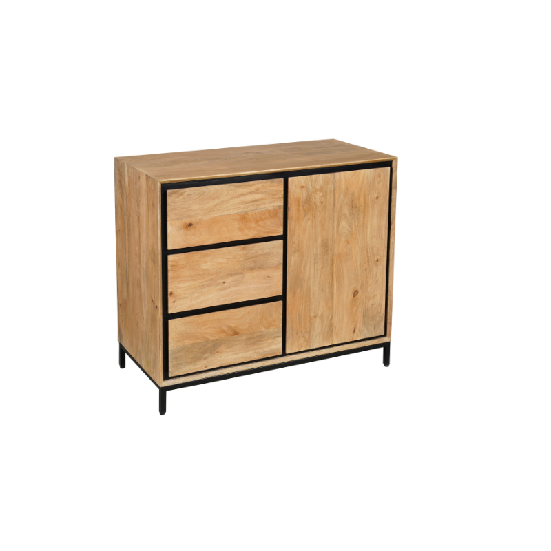 Kommode Rois – Sideboard aus Mangoholz & Metall mit Tür und 3 Schubladen, 100 x 45 x 85 cm