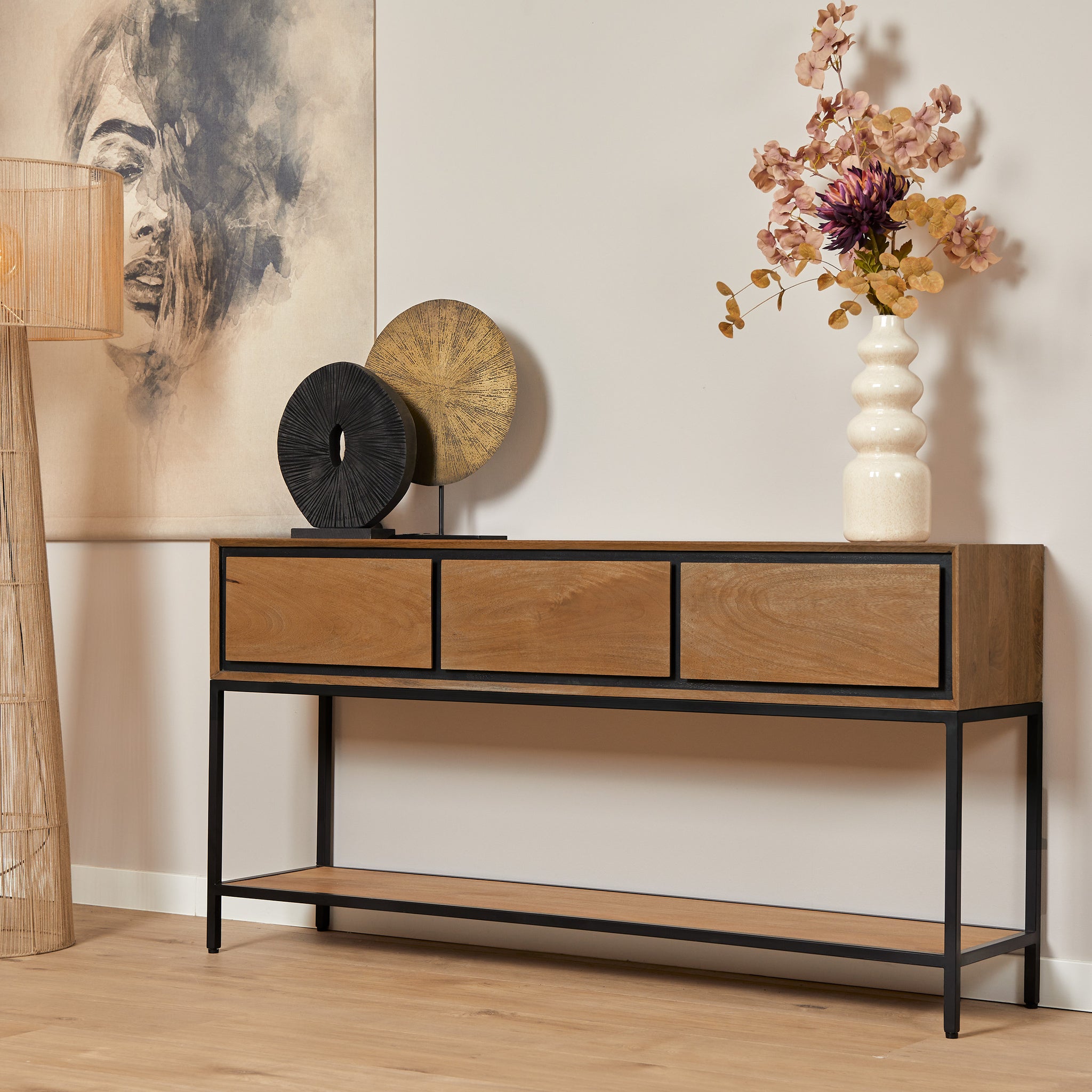 Konsolentisch Rois Mango Natur 150x35x76 cm – moderner Tisch mit 3 Schubladen & Metallgestell