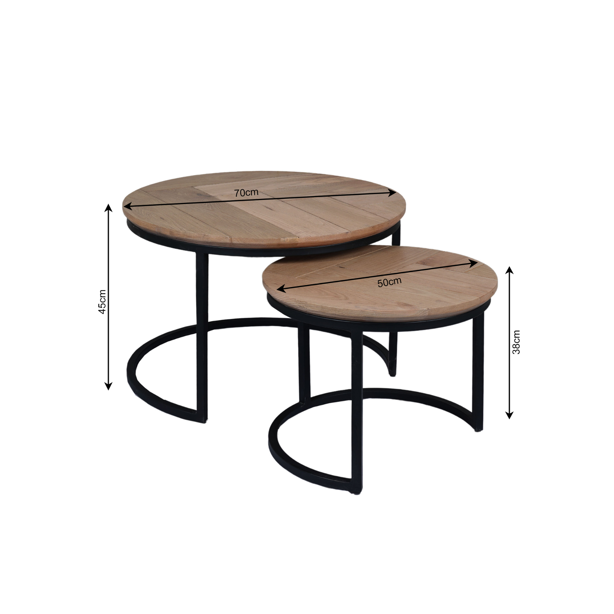 Couchtisch Morily 2er Set Ø70 & Ø50 cm – runde Eichenholz-Tischplatten & schwarze Metallbeine