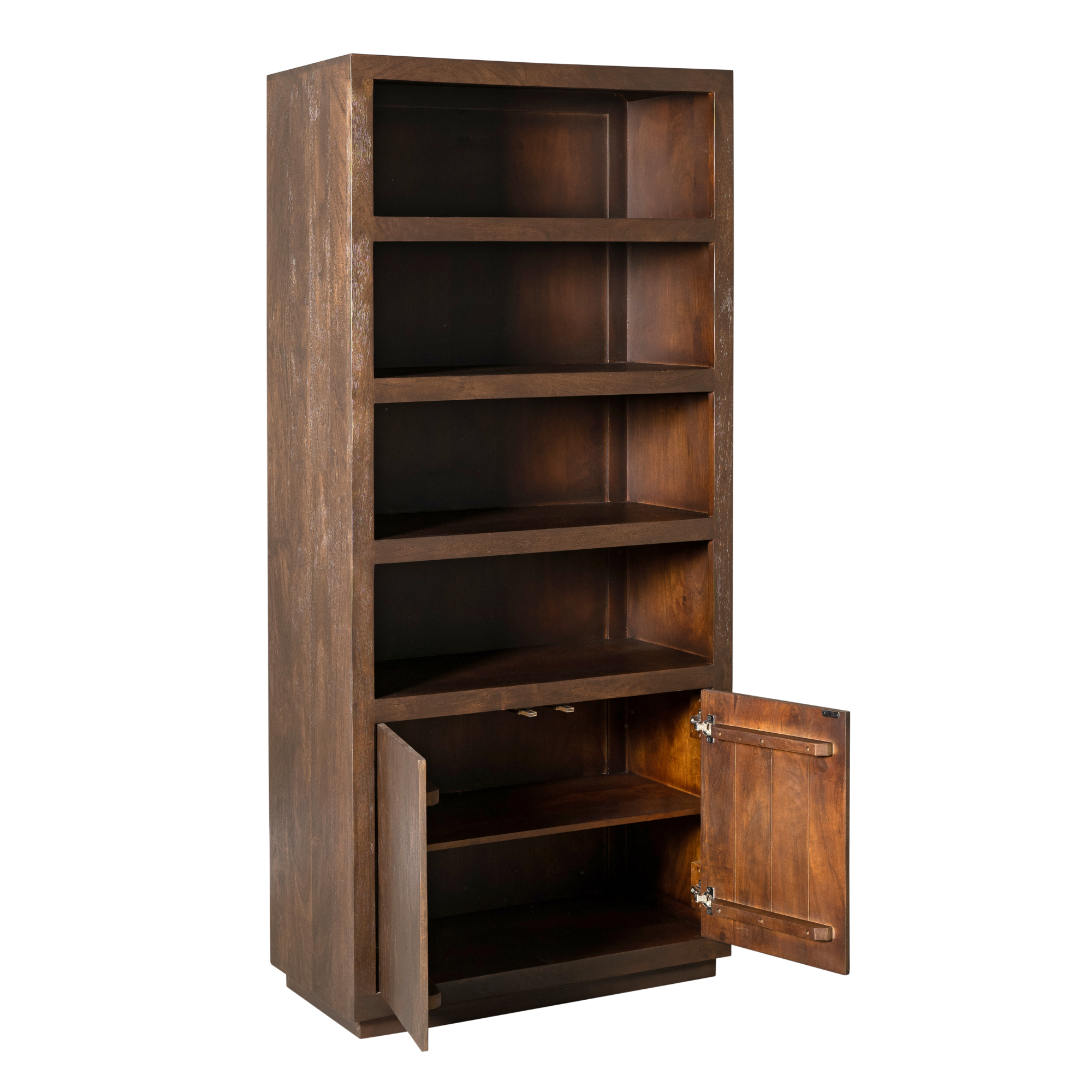 Bücherregal Bali Braun – Regal aus Mangoholz mit Push-to-Open-Türen, 90 x 45 x 200 cm, modernes Aufbewahrungsregal