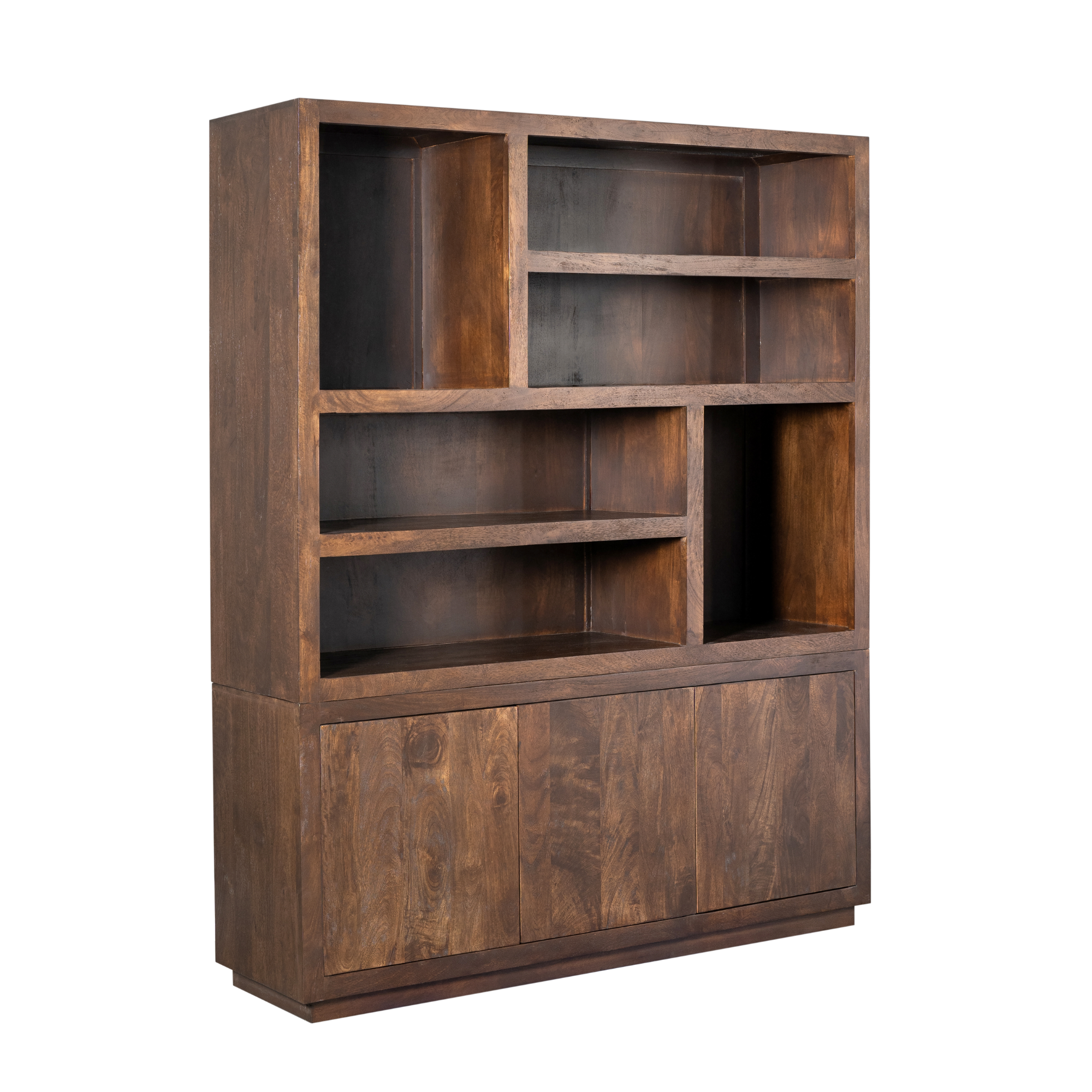 Regal Bali Braun XL – modernes Mangoholz-Regal mit offenen Fächern & 3 Türen, Push-to-Open, 160 x 45 x 200 cm