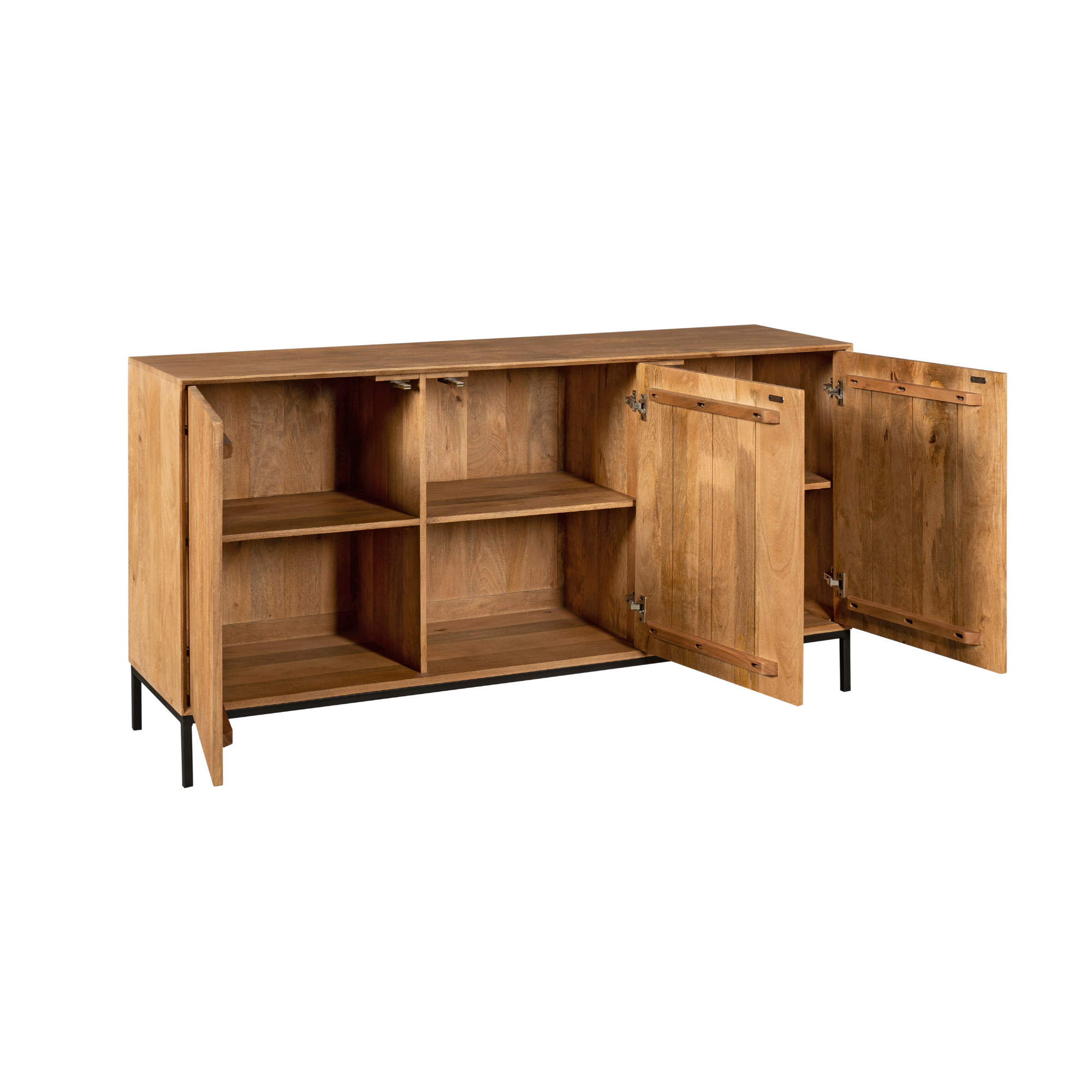 Sideboard Mandy Natur 165x45x85 cm – moderne Mangoholz Kommode mit Lamellenfront & Push-to-Open-System
