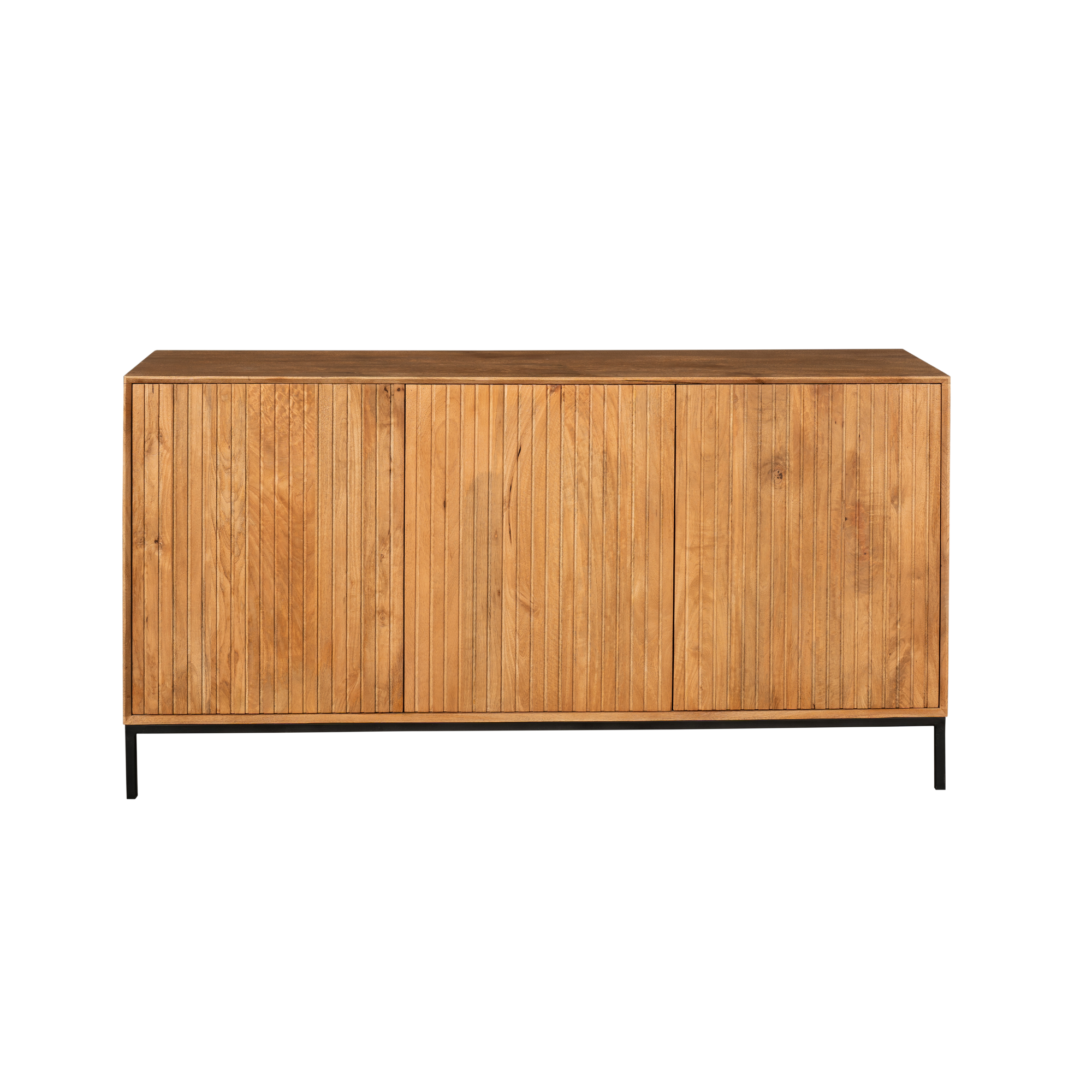 Sideboard Mandy Natur 165x45x85 cm – moderne Mangoholz Kommode mit Lamellenfront & Push-to-Open-System