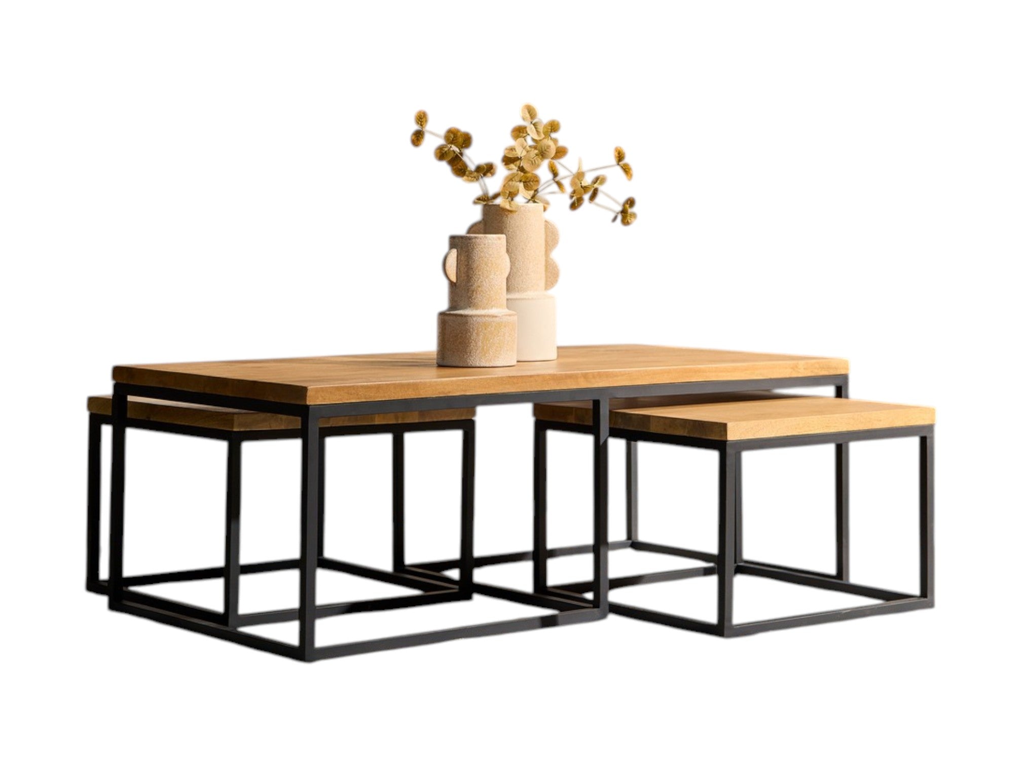 Couchtisch-Set Delta Natur – 3-teilig aus Mangoholz mit Metallgestell, platzsparend und modern, stilvoller Blickfang für jedes Wohnzimmer