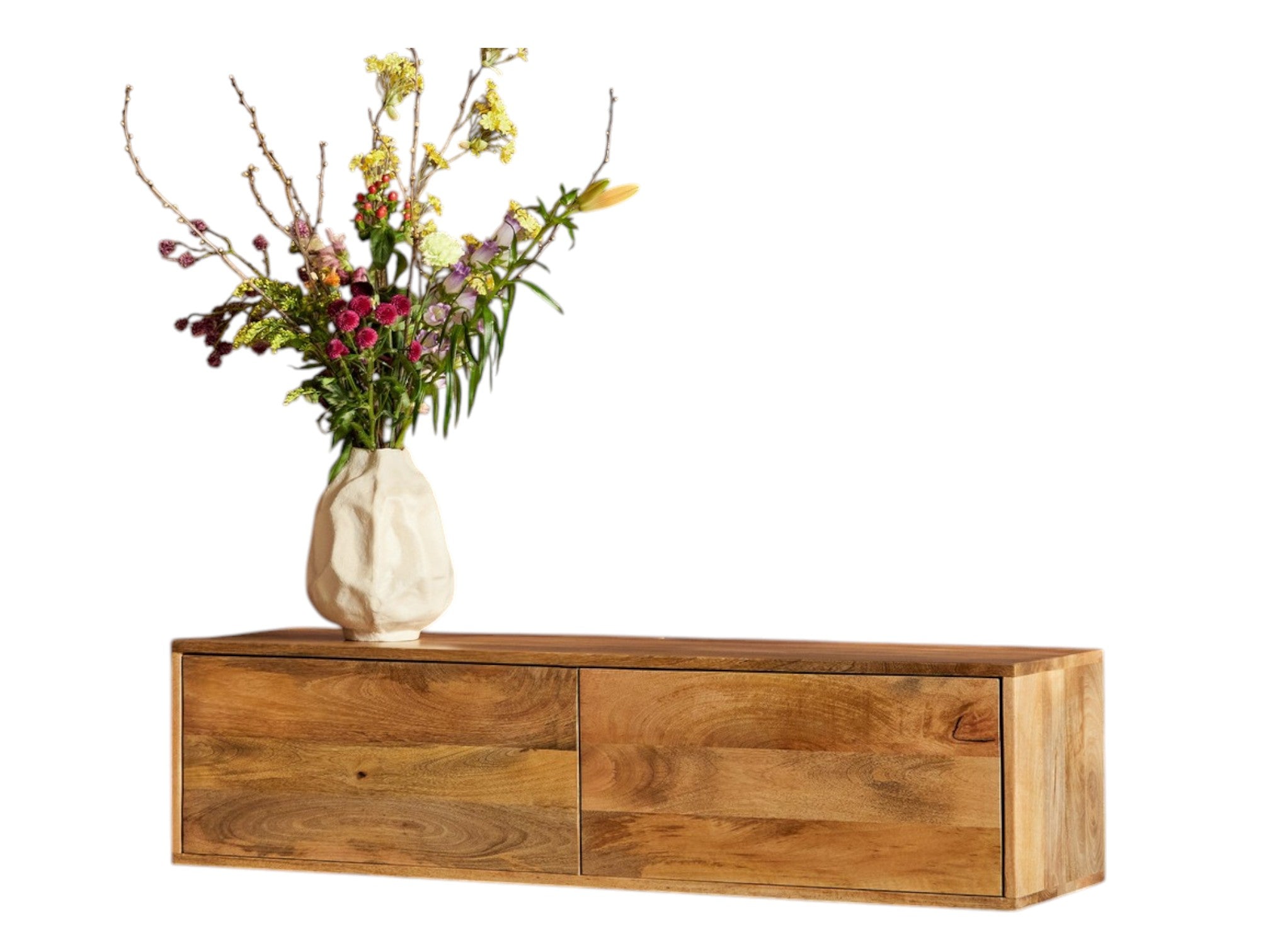 TV-Board Focus Naturel – Schwebendes Lowboard aus Mangoholz mit Push-to-Open Türen, 120 x 35 x 30 cm