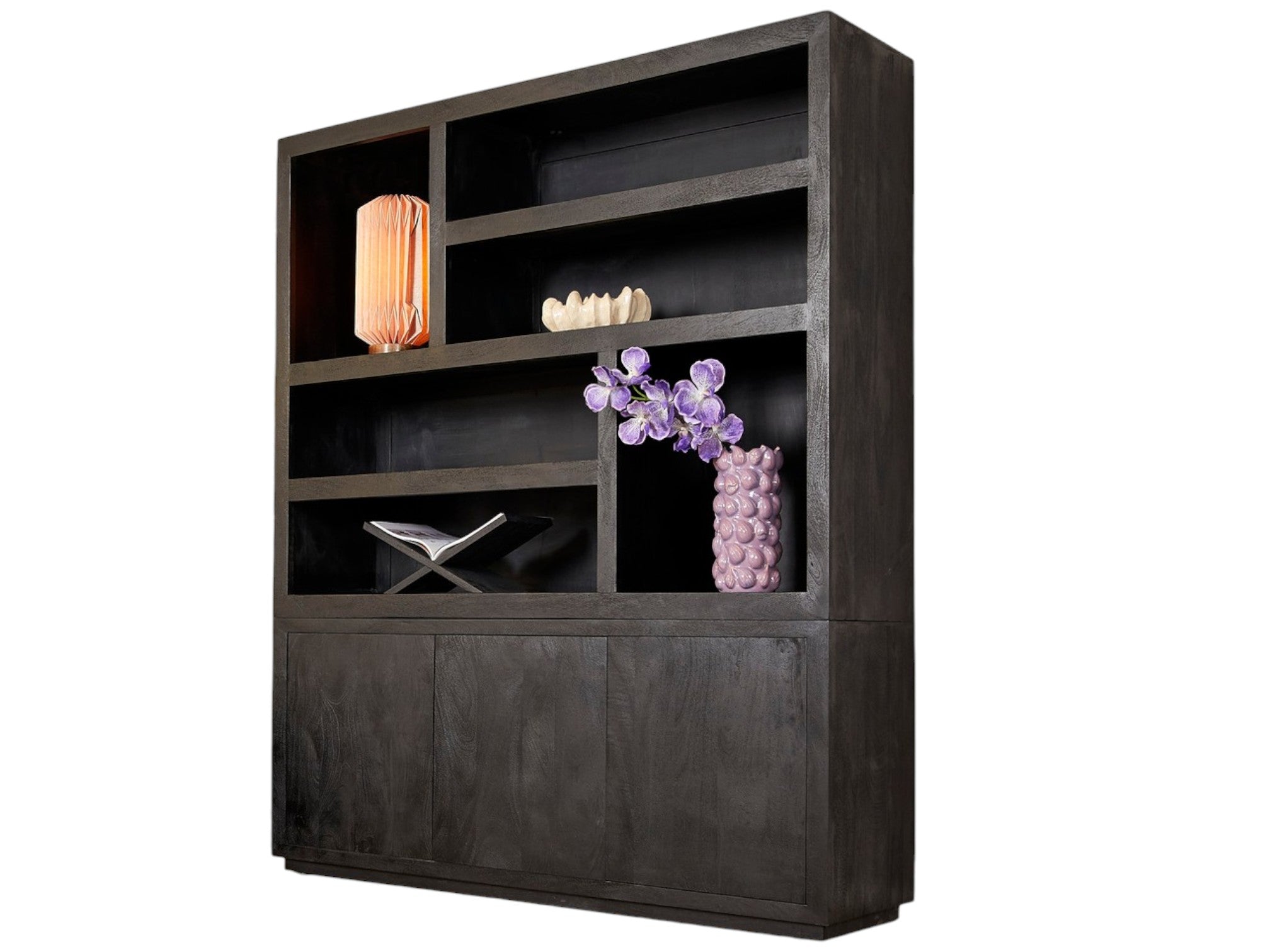 Regal Bali XL Schwarz – Mangoholz Bücherregal mit offenen Fächern & Push-to-Open Türen, 160 x 45 x 200 cm
