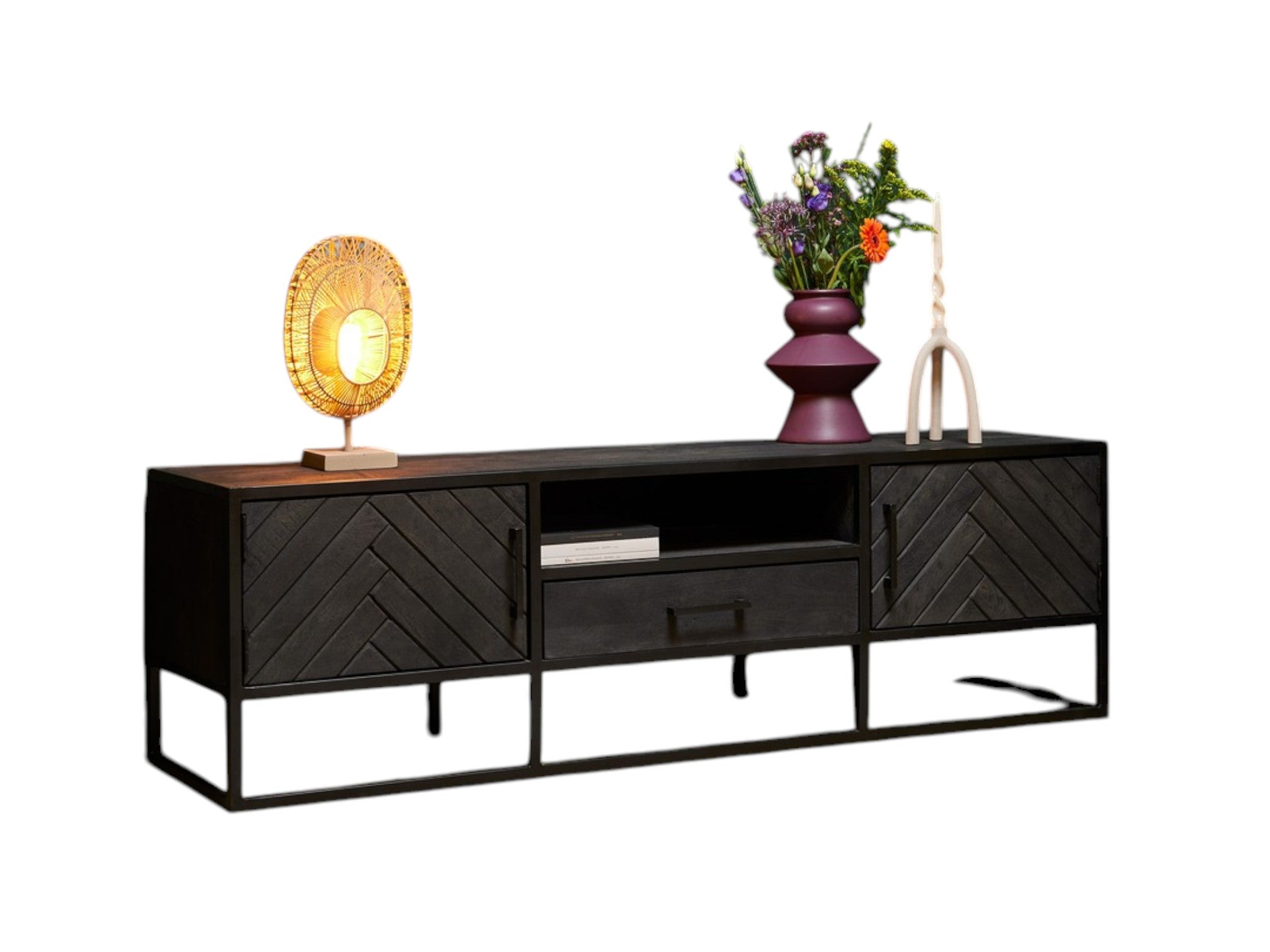 TV Board Sydney Schwarz 165x45x50 cm – Mangoholz Lowboard mit 2 Türen, 1 Schublade & offenem Fach im Fischgrät-Design