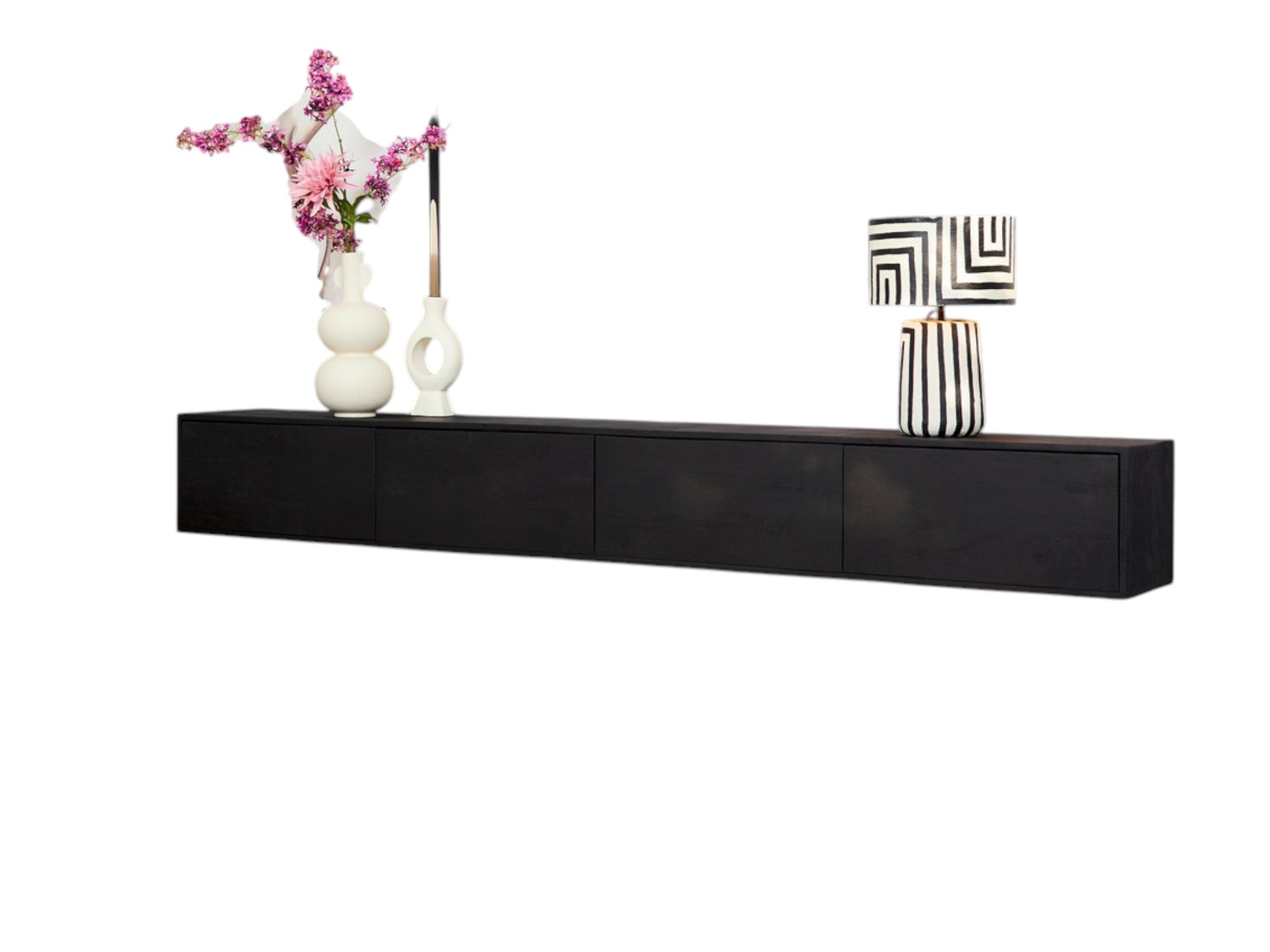 Schwebendes TV-Board Focus Schwarz - 240 cm – Mangoholz Lowboard mit Push-to-Open & grifflosen Türen, Wandmontage, 240×35×30 cm